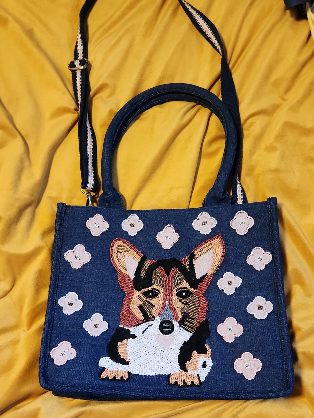 Denim Crossbody Shopper Tote With Beaded Corgi